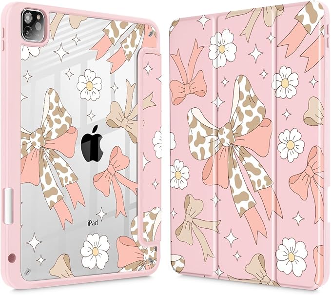Tuiklol for iPad Pro 12.9 Inch 6th/5th/4th/3rd Generation 2022 2021 2020 2018 Case,Built-in Pencil Holder Clear Transparent Protective Back Shell Cover with Auto Sleep/Wake, Leopard Bow Gary