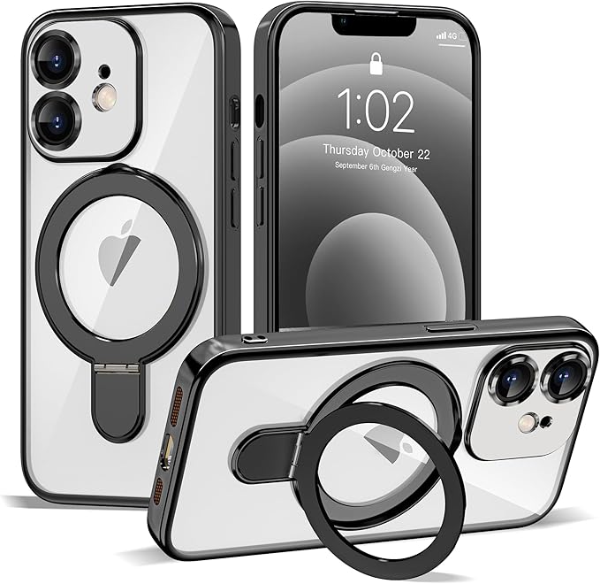 Compatible with iPhone 12 Case with Invisible Magnetic Ring Stand [Compatible with Mag-Safe] [Full Camera Lens Protector] Plating Clear Phone Case for iPhone 12 6.1", Black