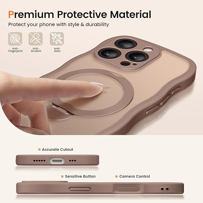 CAPRARO for iPhone 16 Pro Case with 360° Spin Magnetic Stand for Women, [Compatible with MagSafe] [Full Camera Protection] Cute Wave Translucent Matte Case for iPhone 16 Pro, Brown