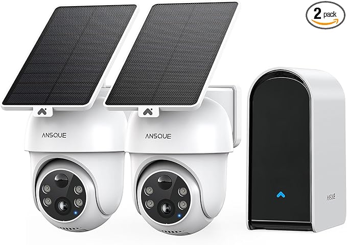 ANSQUE Security Cameras Wireless Outdoor Home System, 2 Camera Kit, No Subscription Fees, Solar Powered, Local Storage, 365-Day Battery Life, 360°PTZ Surveillance, Auto Tracking, 2K Color Night Vision
