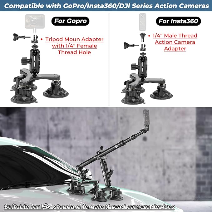 VAZESWIN Suction Cup Car Mount - Aluminum Alloy Extendable Selfie Stick, Five 3.5" Large Suction Cup Car Windshield Camera Mount with Tripod Adapter Compatible with GoPro Insta360 DJI Action Cameras