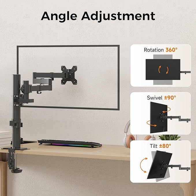 suptek Single Monitor Arm, Universal 3 Tier Arm Fully Adjustable Pole Mount Bracket Monitor Mounting for 13 to 27 inch Screen, Weight up to 22lbs, Mounting Holes 75x75mm to 100x100mm,Black