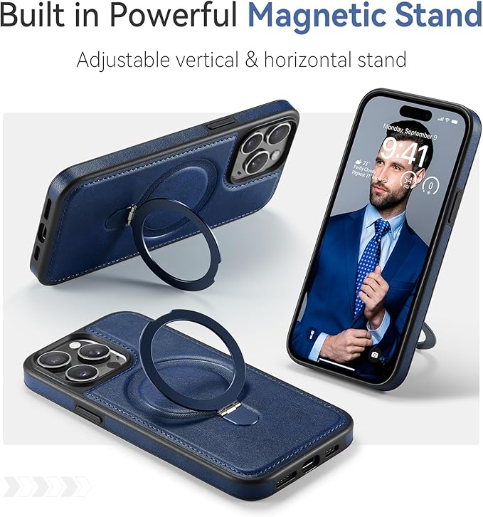 Compatible with iPhone 15 Pro Max Case with Stand, Compatible with MagSafe, Slim PU Leather & Durable TPU Protective Cover Drop-Proof with Tempered Glass Screen Protector 6.7", Blue