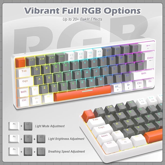 RK-T60 Wired 60% TKL Mechanical Gaming Keyboard Led Rainbow Backlight Ultra-Compact NKRO Linear Red Switch ABS Keycap RGB Honeycomb Mice Coiled Aviator Cable for Windows Laptop PS4/PC/WIN Gamer