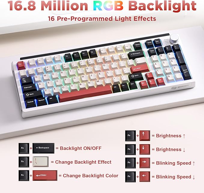 K98 Wireless Mechanical Keyboard,Tri-Mode BT5.0/2.4GHz/USB-C Hot Swappable Custom Keyboard,Gasket Structure,RGB Backlit Gaming Keyboard for Win & Mac(White&Red,Cocoa-V2 Switch)