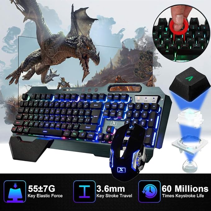 Wireless Gaming Keyboard and Mouse,Rainbow Backlit Rechargeable Keyboard Mouse with 3800mAh Battery Metal Panel,Removable Hand Rest Mechanical Feel Keyboard and 7 Color Gaming Mute Mice for PC Gamers