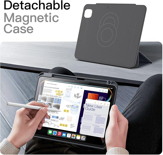 JETech Magnetic Detachable Case for iPad Pro 11-Inch M5/M4 (2025/2024) with Pencil Holder, Removable Rotating Clear Cover, Portrait/Landscape Stand with Raised Screen View (Grey)