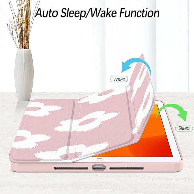 Case for iPad pro 10.5 inch 2017/ iPad Air 3rd Generation 2019, Case with Pencil Holder, Stand Clear Back Cover Cute Cool Design for Women Girls, Auto Sleep/Wake, Pink White Flower