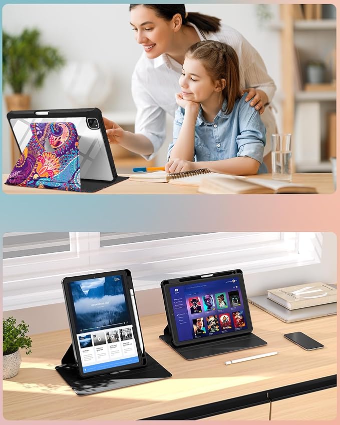 Uppuppy for iPad Pro 12.9 Case Folio Cover with Pencil Holder Women Cute Girls Girly Aesthetic Pretty Kawaii Unique Colorful Rotating Stand for Apple iPad Pro 12.9 Inch Cases 2022/2021/2020/2018