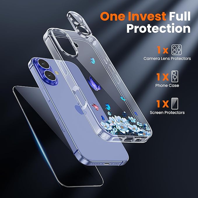 toushion 3 in 1 for iPhone 16 Case Clear, Screen Protector *1 & Camera Lens Protector*1, Print Shockproof for iPhone 16 Phone Case 6.1 inch Floral