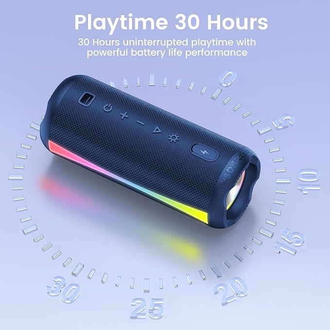 Portable Bluetooth Speaker, 2026 Bluetooth Wireless Speaker 5.4 with RGB Lights, 30H Playtime with Deep Bass, IP7 Waterproof, TWS Pairing, Portable Speaker for Travel/Party/Home/Gifts, Blue