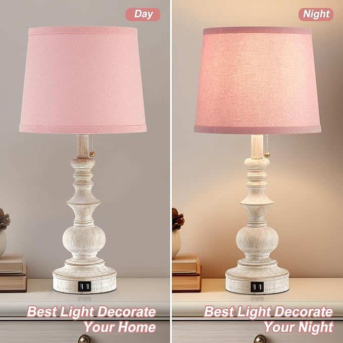 Drawealth 22'' Bedside Table Lamps Set of 2 Modern Farmhouse Nightstand Lamps for Bedroom with USB Charging Ports Vintage Boho Table Lamps for Girls Kids Living Room,Pink Shade,Bulbs Not Included