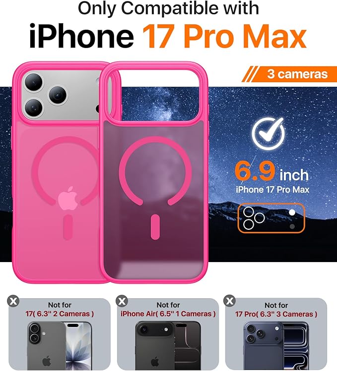 Magnetic for iPhone 17 Pro Max Case,[Anti-Slip][Compatible with MagSafe][Military Grade Drop Protection] Shockproof Protective Translucent Phone Case for iPhone 17 Pro Max Case,Hot Pink