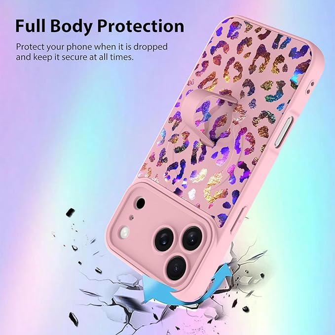 KANGHAR Compatible with iPhone 17 Pro Max Case, Support for MagSafe, Silicone Cute Iridescent Leopard Cheetah Pattern, Wristband Kickstand Shockproof Protective Slim Cover for Women Girls, Pink