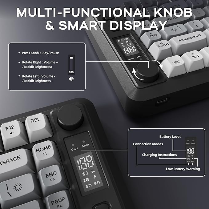 FREEWOLF M75 Wireless Mechanical Feel Gaming Keyboard Bluetooth/2.4Ghz Membrane with Knob & OLED Display Rainbow Backlit Gradient PBT Keycaps 2000mAH Battery Anti-Ghosting-Moonnight