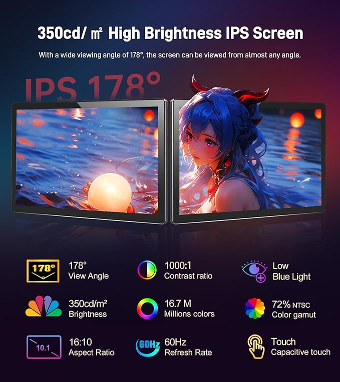 10.1 inch Portable Touchscreen Monitor, Screen Extender 1920x1200 IPS Travel Small Monitor with Cover, USB-C HDMI Computer Touch Screen Display for Laptop Windows PC Mac PS4 Xbox