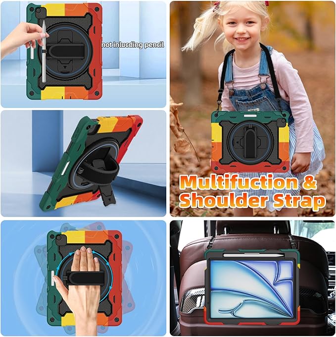 for Air 11 inch Case M3 2025 / M2 2024, Air 7th/6th Generation-with HD Screen Protector, 360 Rotating Kickstand/Hand Strap, Shoulder Strap, Pen Holder, Heavy Duty Military Grade- Kids Friendly