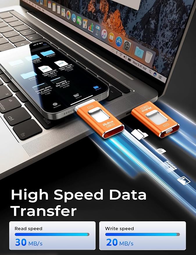 Gulloe 256GB Dual Interface Flash Drive for Phone Storage Photos Videos, Phone USB Backup External Photo Memory Stick - No App Required, Compatible with iPhone, iPad, Android & PC (Orange)