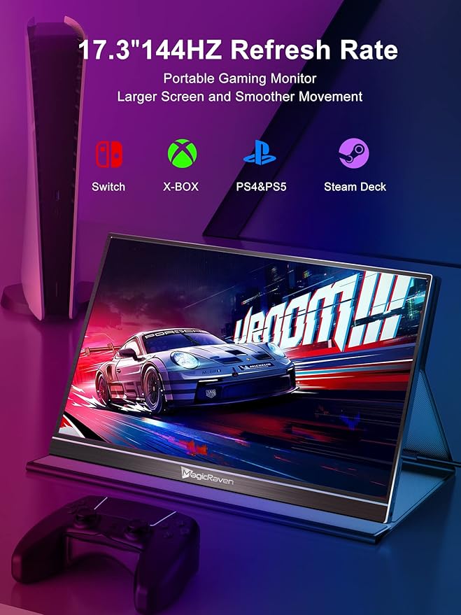 MAGICRAVEN 144HZ Portable Gaming Monitor, 17.3" 1080P Laptop Monitor, Dual USB C HDMI Second Computer Screen, VESA Gaming Display with Speakers, Travel Monitor for PS4/5 Xbox Switch MAC PC Phone