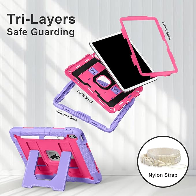 Kids Friendly Case for iPad A16 11th Generation 11 Inch 2025 / iPad 10th Generation 10.9" 2022 Case with Pencil Holder & Shoulder Strap, Hybrid iPad 11 10 Cover Rugged Shockproof Kickstand,Rose+Purple