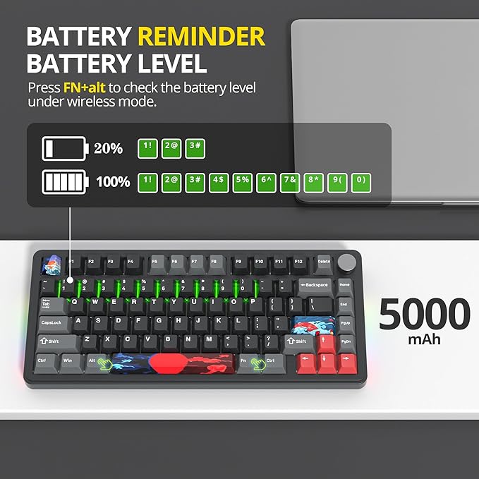 surmen M75 75% Wireless Creamy Keyboard with Gasket, Pre-lubed Triple Mode Bluetooth Mechanical Gaming Keyboard BT5.0/2.4Ghz/USB with Sound Absorbing Pads Hot-Swap(Shadow Red)