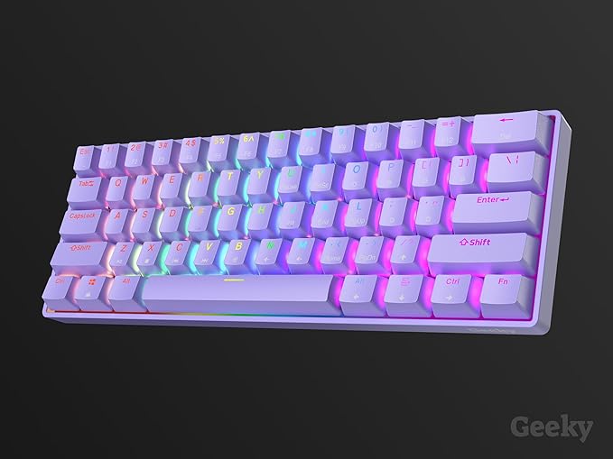 Geeky GK61 SE 60% | Mechanical Gaming Keyboard | 61 Keys Multi Color RGB LED Backlit for PC/Mac Gamer | ANSI US American Layout (Lavender, Mechanical Black)