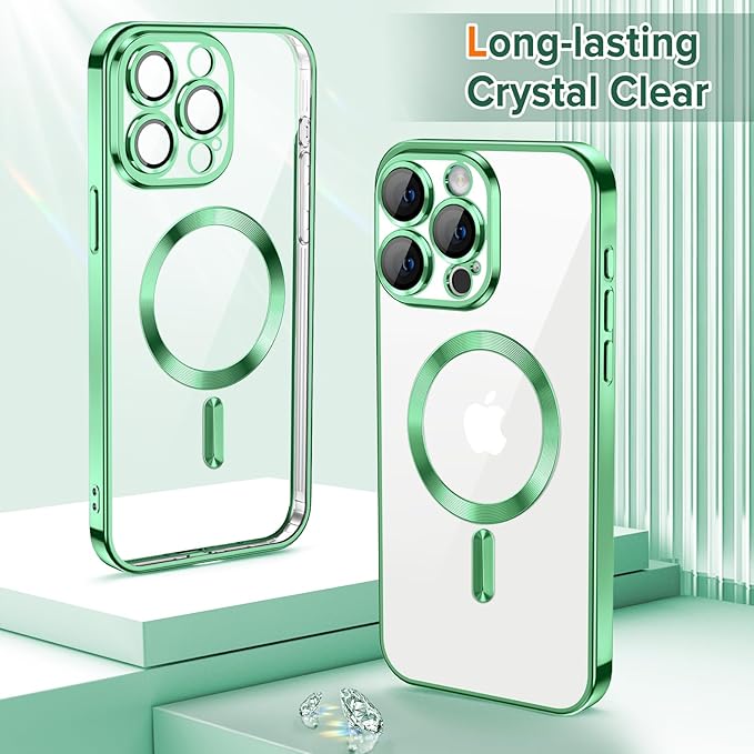 Hython Magnetic Clear for iPhone 15 Pro Max Case with Camera Lens Protector [Compatible with MagSafe] Plating Edge Slim Soft TPU Cover Protective Phone Case for iPhone 15 Pro Max 6.7", Light Green