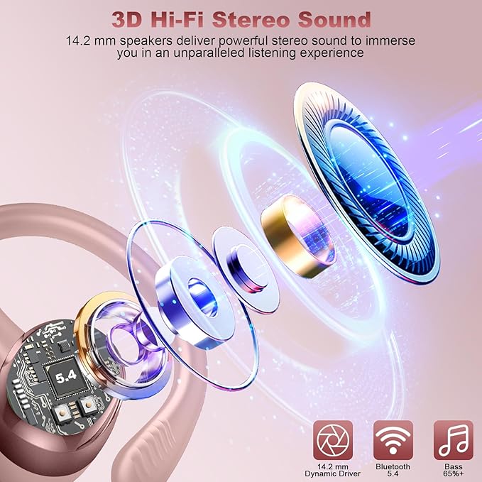 Hupoaf Wireless Earbuds Sport, New Bluetooth 5.4 Headphones with Earhooks, 50H Stereo Deep Bass Over Ear Buds with 4 ENC Noise Canceling Mics, IP7 Waterproof Earphones for Running Workout Gym -Rose