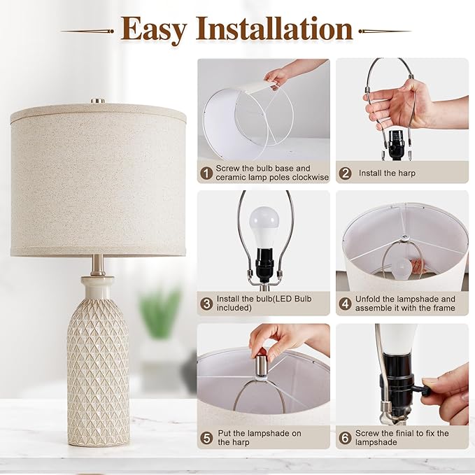 Luvkczc Ceramic Table Lamps Set of 2, Farmhouse 24.8" Bedside Lamps with Adjustable Color Temperature, Modern Nightstand Lamp Desk Reading Lamp for Bedroom, Living Room, Office, 2 Bulbs Included