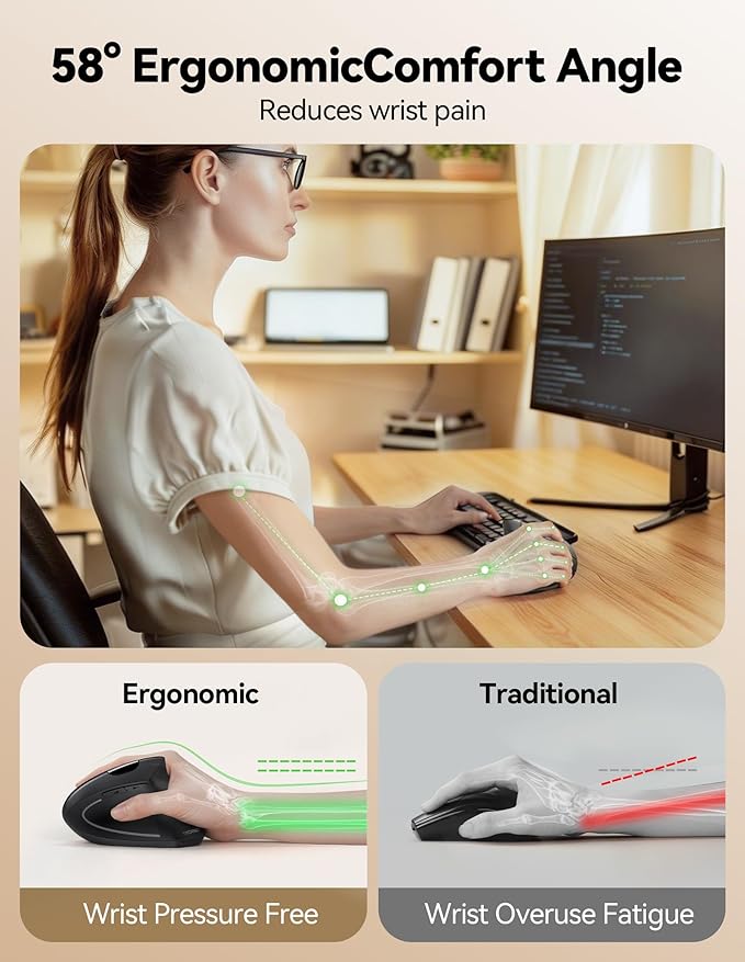 TECKNET Rechargeable Wireless Ergonomic Mouse,2.4GHz USB Vertical Mouse with Silent Click,4800 DPI Mouse with 6 Adjustable DPI,6-Button Computer Mouse for Laptop,PC, MacBook (No Batteries Needed)