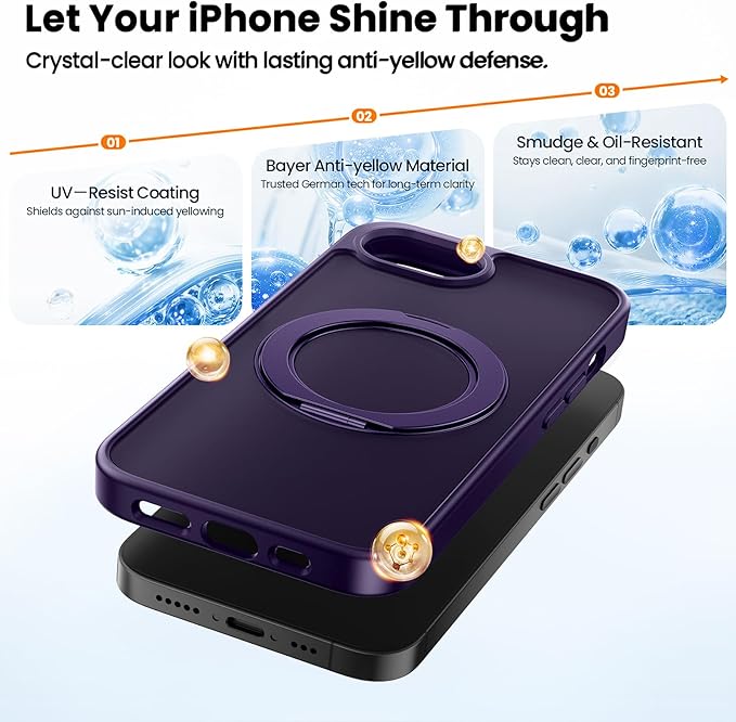 360°Ring Stand for iPhone 16E/17E Case with 2X Screen Protector,Fit for MagSafe, Anti-Yellowing & Scratch-Resistant Back Phone Case for iPhone 16E/17E 6.1", Purple