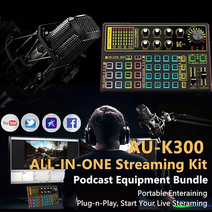 K300 Podcast Equipment Bundle, With Podcast Condenser Microphone, Voice Changer Sound Card with Multiple Sound Effects and LED Light, Prefect for Streaming/Podcasting/Gaming/Recording/YouTube/PC