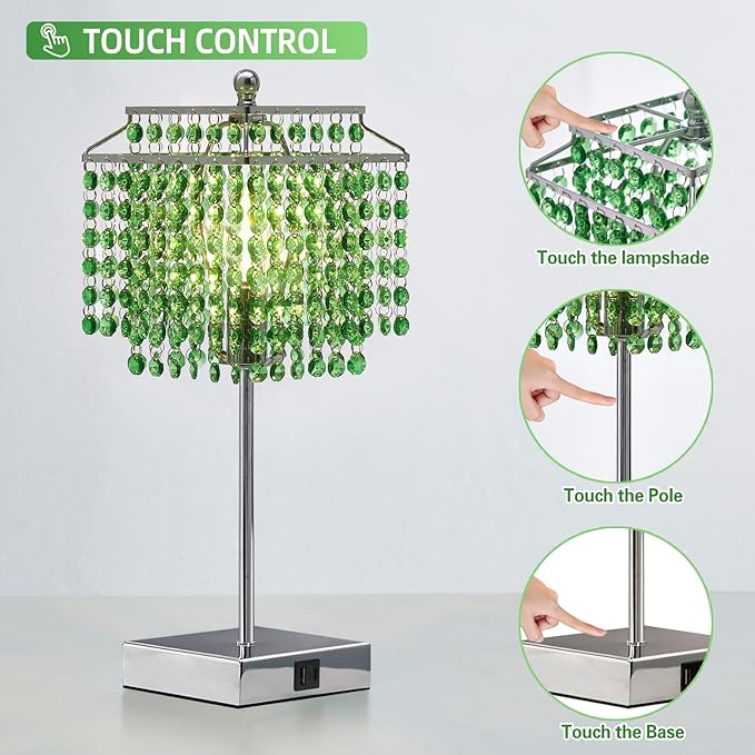 Luvkczc Crystal Table Lamp with Touch Control, Bedside Crystal Table Lamp with USB C+A Ports,Dimmable Lamp for Girls Bedroom, Living Room, Green & B11 LED Bulb Included