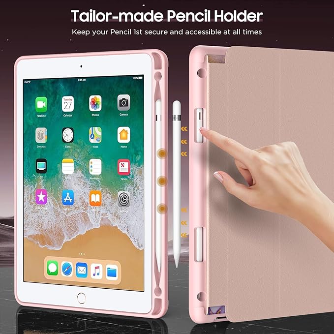 MoKo Case for iPad 6th/5th Generation (2018/2017Model, 9.7 Inch) with Apple Pen Holder, Slim Hollow Logo Smart Cover for iPad 9.7 inch, Also Fit iPad Pro 9.7/Air 2/Air, Light Pink Gold Marble