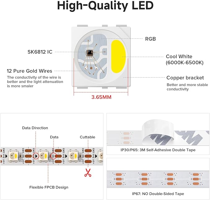 BTF-LIGHTING SK6812(Similar WS2812B) UL Listed RGBW RGB+Cool White(6000K) Individually Addressable DC12V 16.4FT 60LED/m 4 Colors in 1 Light Dream LED Strip IP65 White PCB(No Adapter or Controller)