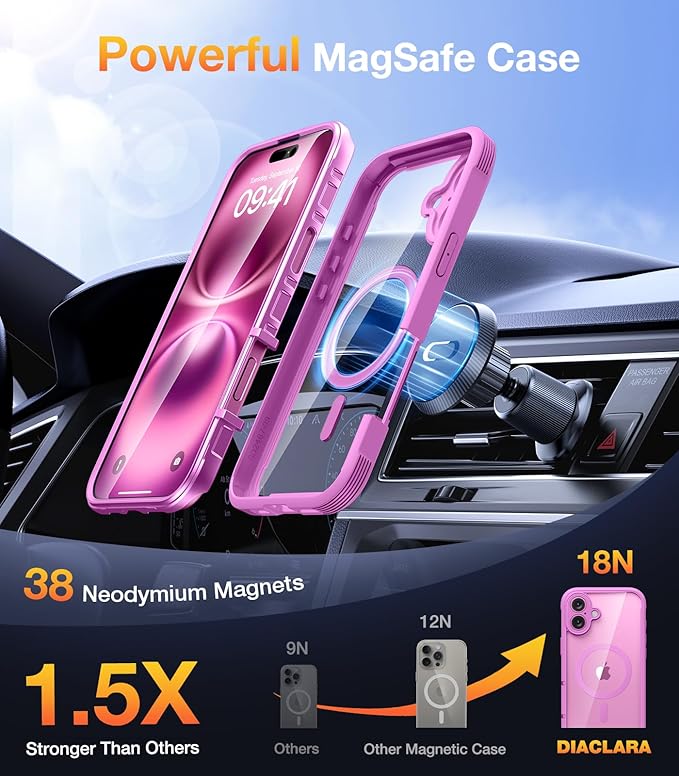 Diaclara Magnetic Designed for iPhone 16 Case, Compatible with MagSafe Built-in Touch Sensitive Anti-Scratch Screen Protector, Upgraded [Full Camera Protection] for iPhone 16 6.1" (Pink)