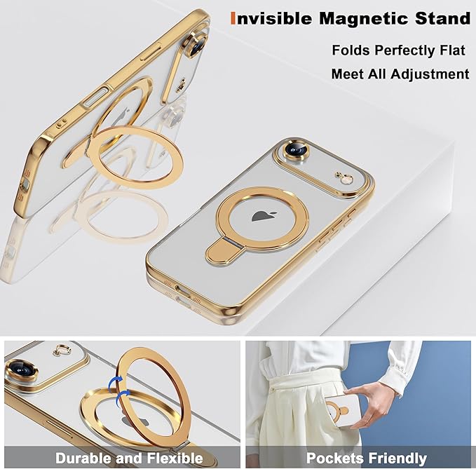 Compatible with iPhone 17 Air Case with Invisible Magnetic Ring Stand [Compatible with Mag-Safe] [Full Camera Lens Protector] Plating Clear Phone Case for iPhone 17 Air 6.5", Gold
