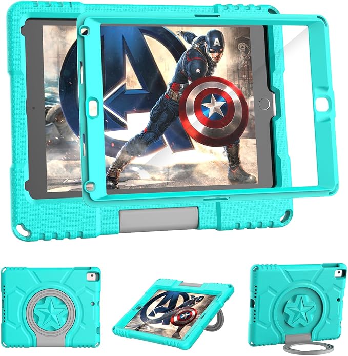 Kids Case for iPad 5th/6th Generation 9.7-inch 2017/2018 Release, Lainergie iPad Air 2 Case with Screen Protector, iPad Pro 9.7 Protective Cover Case Lightweight Shockproof with Handle Stand,Turquoise