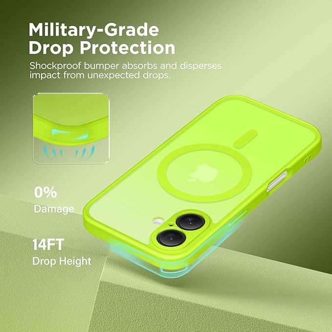 CAPRARO Magnetic Compatible with iPhone 16 Case, Upgraded [Full Camera Protection] [Compatible with MagSafe] Protective Translucent Matte Women Girl Phone Case Cover, Fluorescent Green