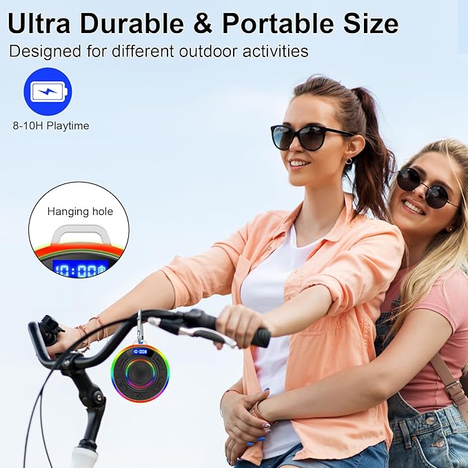 Shower Bluetooth Speaker IPX7 Waterproof, Portable Bluetooth Speakers with Suction Cup and Time Display, Crystal Sound&Bass LED Light 1100mAh, Wireless Shower Speaker for Outdoor/Kayak/ Gifts/Beach