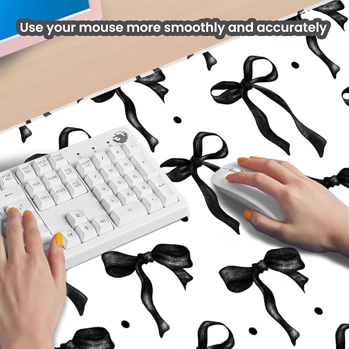 White Mouse Pad with Black Bows, Cute Desk Mat Bow Keyboard Mat for Computer Laptop Non-Slip Rubber Base, Large Office Mat Girly Desktop Décor Accessories Office Supplies for Girls Women 35.4 x 15.7in