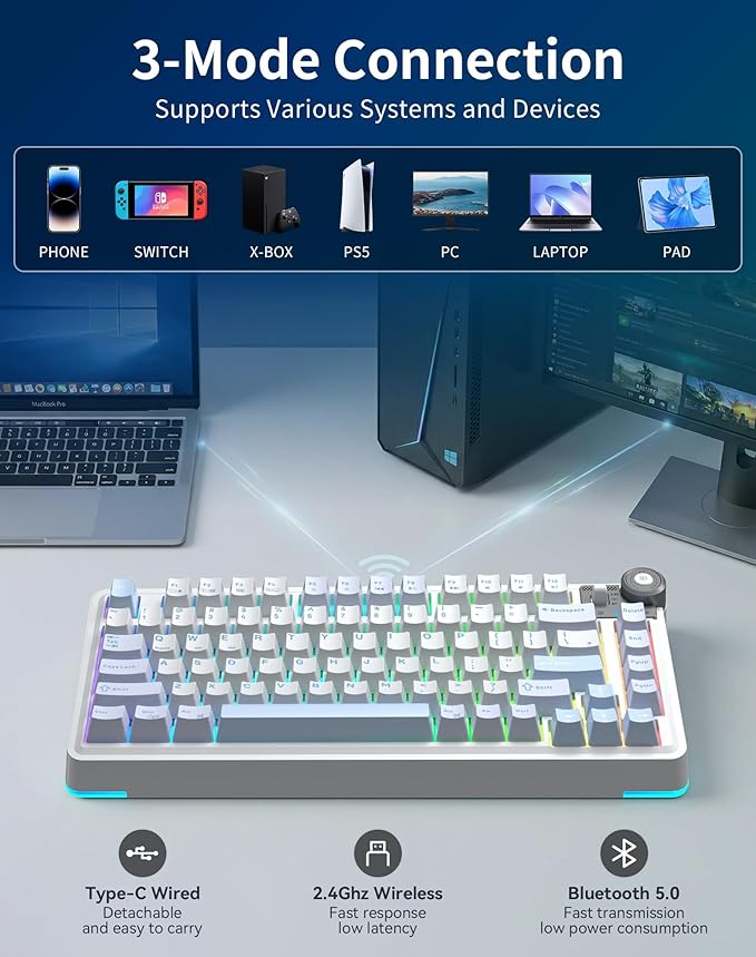 Aula AU75 Wireless Mechanical Keyboard, Hot Swap Gasket Gaming Keyboard with Knob, BT/2.4G/Wired Custom Keyboard, 4000mAh Battery, 75% Five-Layer Padding PBT Keycaps, RGB Side-Strip for Win/Mac/PC