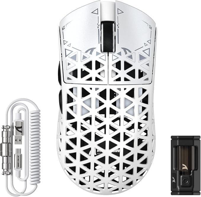 ATTACK SHARK R5 Ultra Wireless Gaming Mouse,39g Superlight Carbon Fiber Hollowed-Out,PAW3950MAX Optical Sensor Nordic 52840 MCU 8K Polling 42K DPI,BT/2.4G/USB-C Mice with Coiled Cable for PC/Mac-White