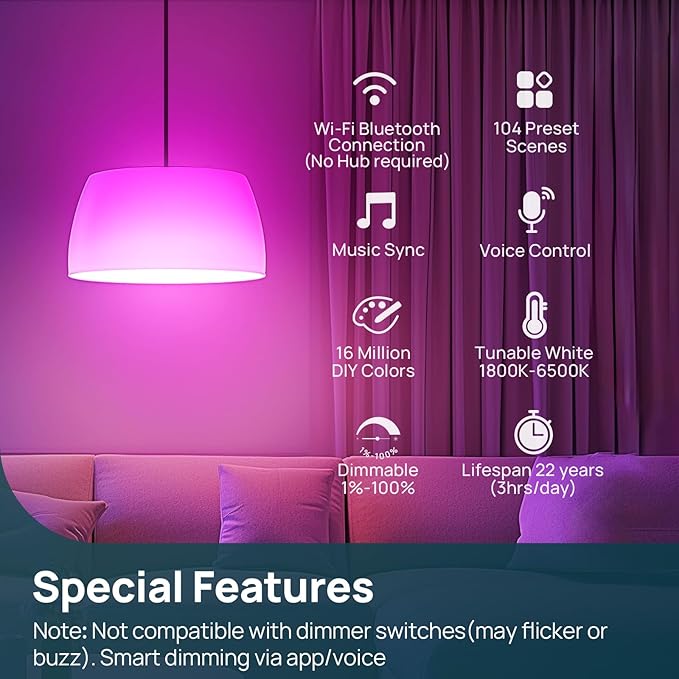 Linkind Smart Light Bulbs, A19 Smart Bulb - 1100LM(75W Equivalent), Compatible with Alexa & Google Home, E26 RGBTW Color Changing Bulbs with Music Sync, 2.4GHz Wi-Fi & Bluetooth, 11W, 4Pack