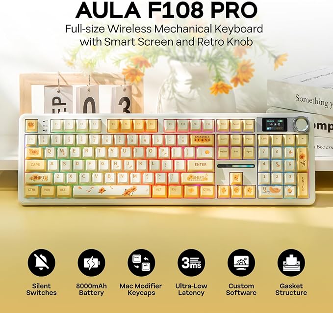 EPOMAKER X Aula F108 PRO Wireless Gaming Keyboard with Screen, 8000mAh Battery, 104 Hot-Swappable and Programmable Keys and Knob, RGB Backlight, for Mac/PC/Android (Grey&Yellow)