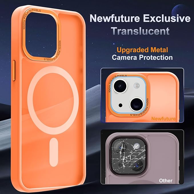 Newfuture Designed for iPhone 13 Case & iPhone 14 Case with Magnetic [13 FT Military Drop Protection] [Compatible with Magsafe] Slim Translucent Shockproof with Anti-Fingerprint Phone Case, Orange