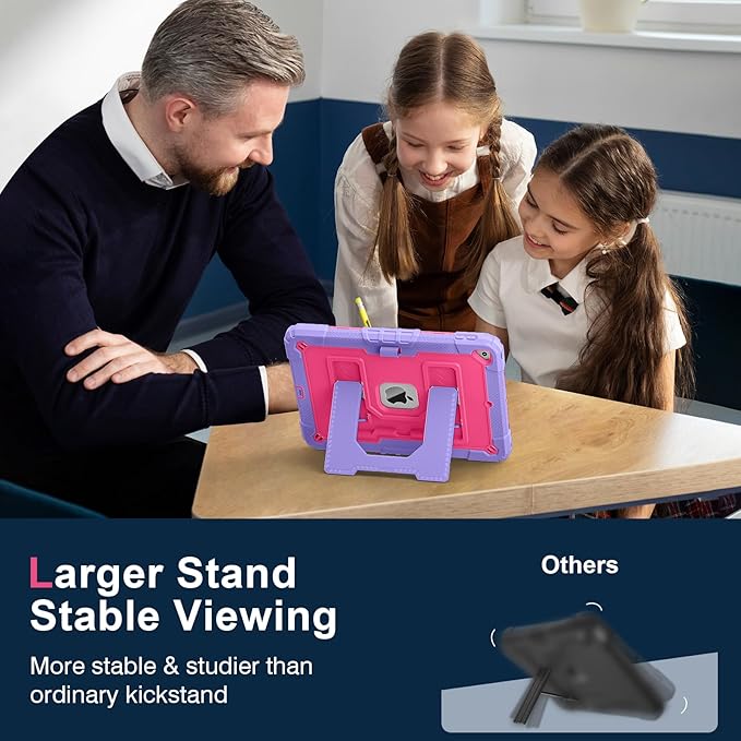 Kids Friendly Case for Apple iPad 10.2" 9th 8th 7th Generation 2021/2020/2019 Case with Pencil Holder & Shoulder Strap, Military Grade Shockproof Kickstand Hard Shell Protective Cover,Rose+Purple