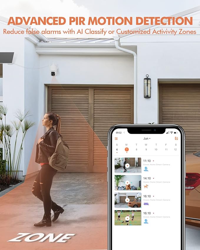 Dzees Security Cameras Wireless Outdoor, 2K Pan/Tilt 360° View Solar/Battery Powered WiFi Cameras for Home Security with AI Motion Detection,Color Night Vision, 2-Way Audio, IP66, SD/Cloud Storage
