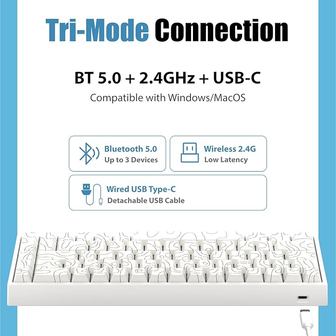 Creamy Mechanical Gaming Keyboard 60% Percent, Wireless 2.4G/Bluetooth 5.0/Wired USB-C, 68-Key NKRO Hot Swappable, Topographic PBT Keycaps, RGB LED Backlit, Programmable for Win/Mac, Black
