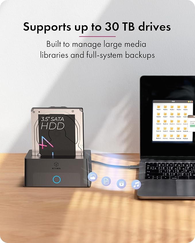 ICY BOX Hard Drive Docking Station, SSD HDD 2.5 3.5 Inch SATA to USB Adapter, External SSD Enclosure Hard Drive Reader, Support UASP Hot Swappable up to 30TB Drives, for Windows and Mac
